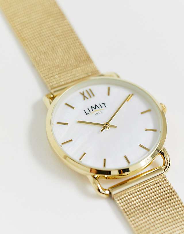 Asos Limit Classic Mesh Stainless Steel Bracelet Watch With Mother Of Pearl Dial In Gold