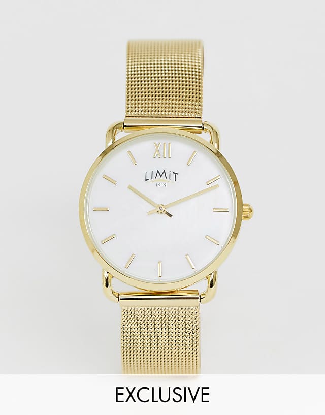 asos Limit classic mesh stainless steel bracelet watch with mother of pearl dial in gold