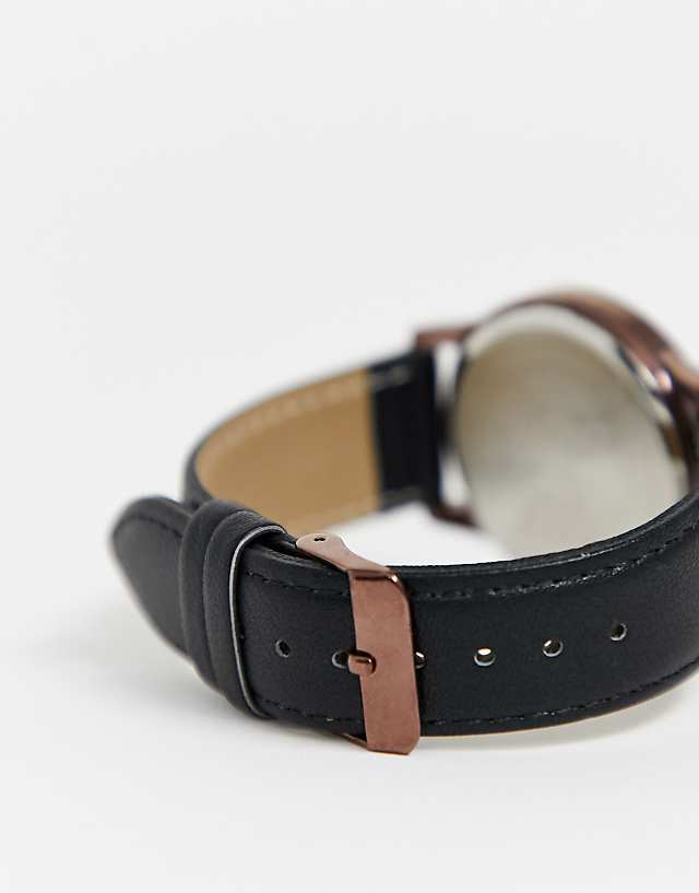 Asos Limit Faux Leather Watch In Black With Brown Case