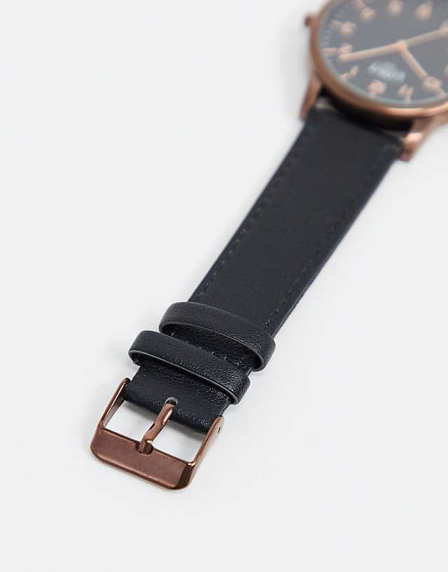 Asos Limit Faux Leather Watch In Black With Brown Case