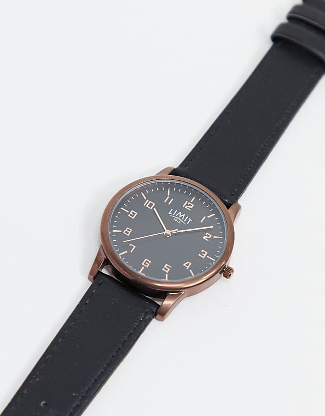 Asos Limit Faux Leather Watch In Black With Brown Case