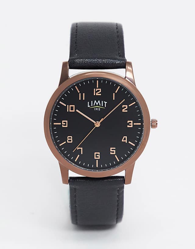 asos Limit faux leather watch in black with brown case