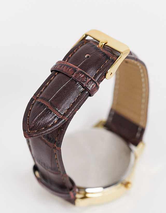Asos Limit Faux Leather Watch In Brown With Croc Print