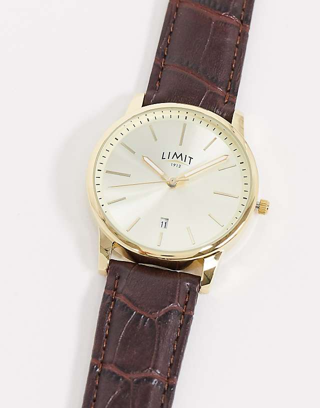 asos Limit faux leather watch in brown with croc print