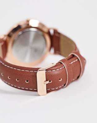 Asos Limit Faux Leather Watch In Brown With Stitching Detail