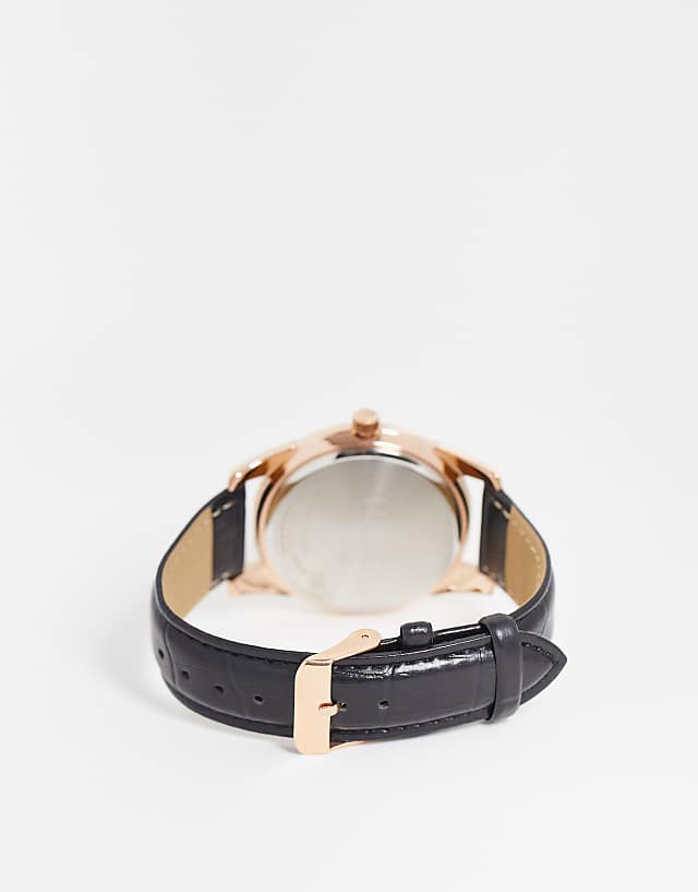 Asos Limit Faux Leather Watch With White Dial In Black