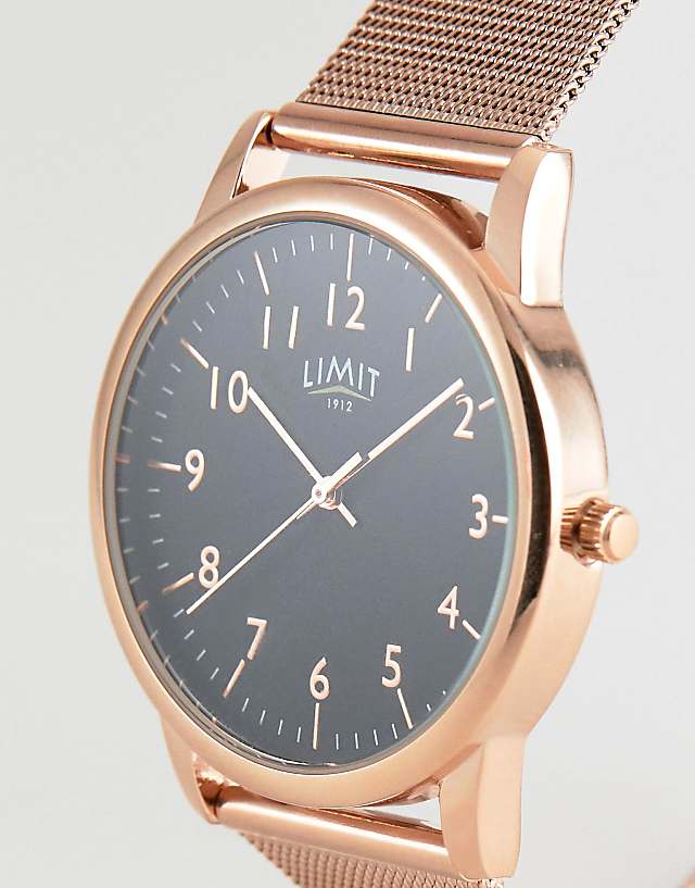 Asos Limit Mesh Stainless Steel Bracelet Watch With Dial In Rose Gold & Black