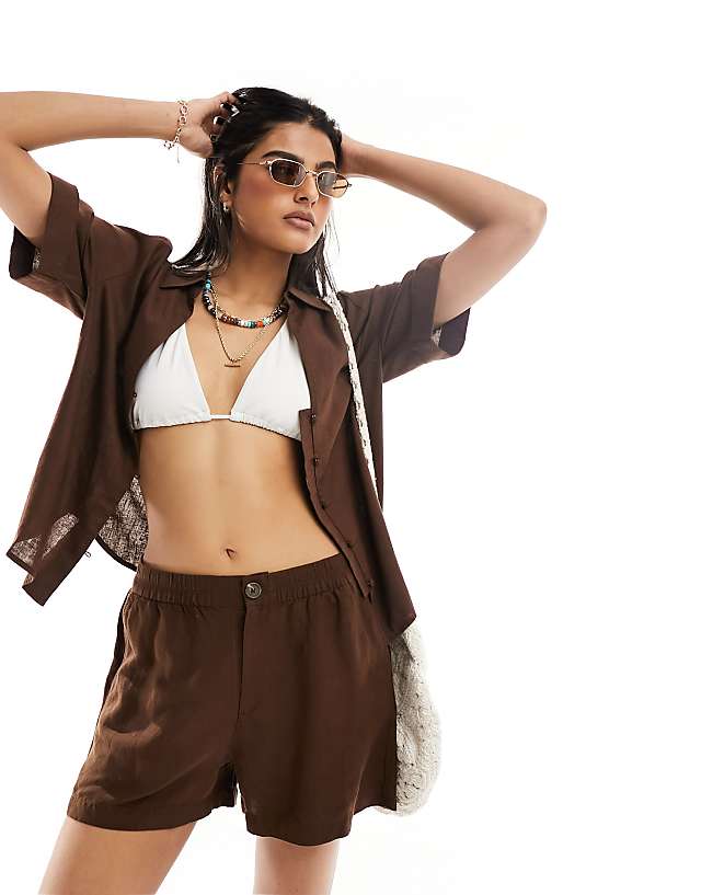 asos Lindex co-ord Sarah linen blend beach short in brown