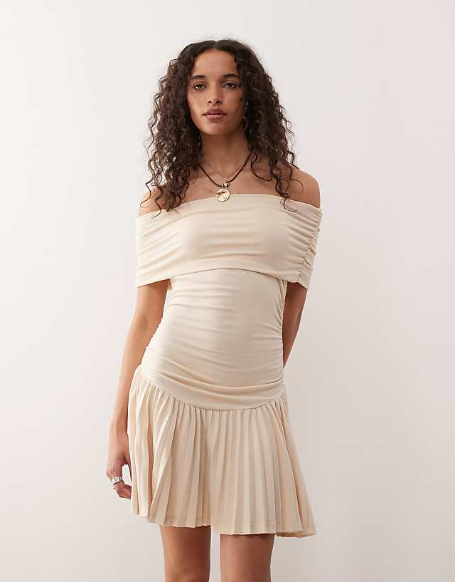 Asos Lioness Bardot Ruched Waist Pleated Drop Hem Mini Dress In Oatmeal