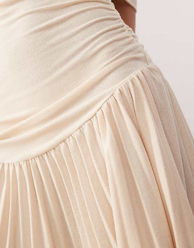Asos Lioness Bardot Ruched Waist Pleated Drop Hem Mini Dress In Oatmeal