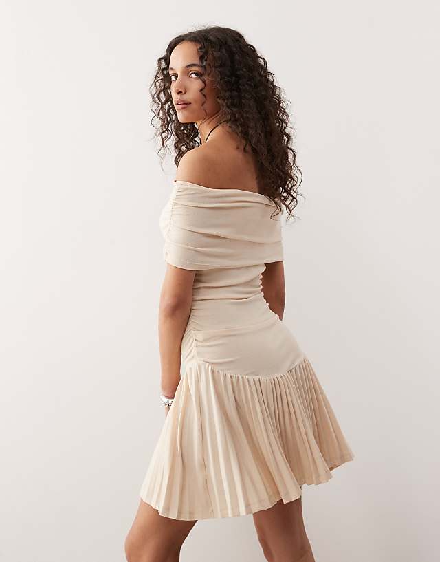 Asos Lioness Bardot Ruched Waist Pleated Drop Hem Mini Dress In Oatmeal