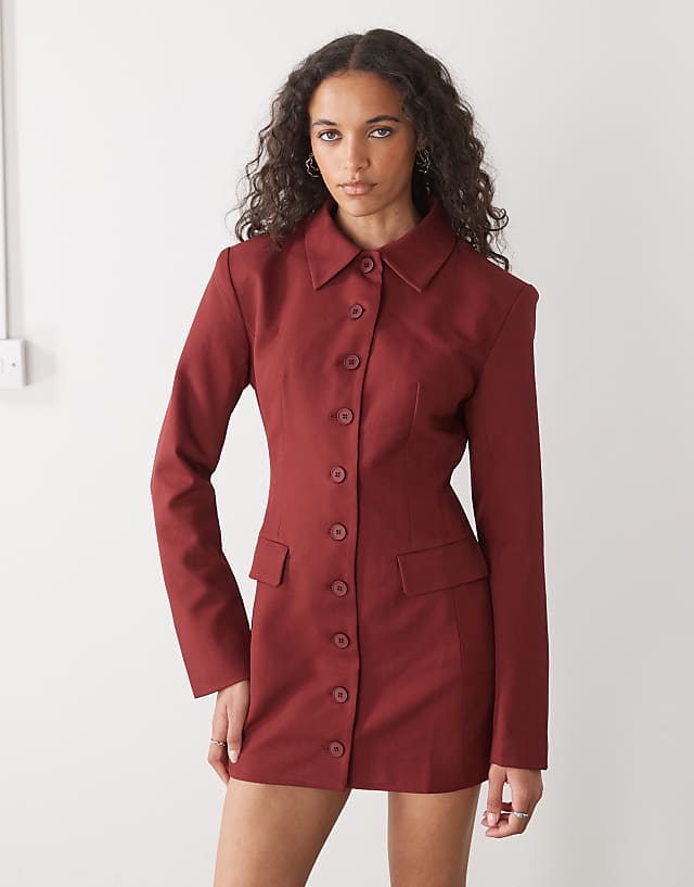 Asos Lioness Cheri Structured Button Front Tailored Blazer Mini Dress In Red