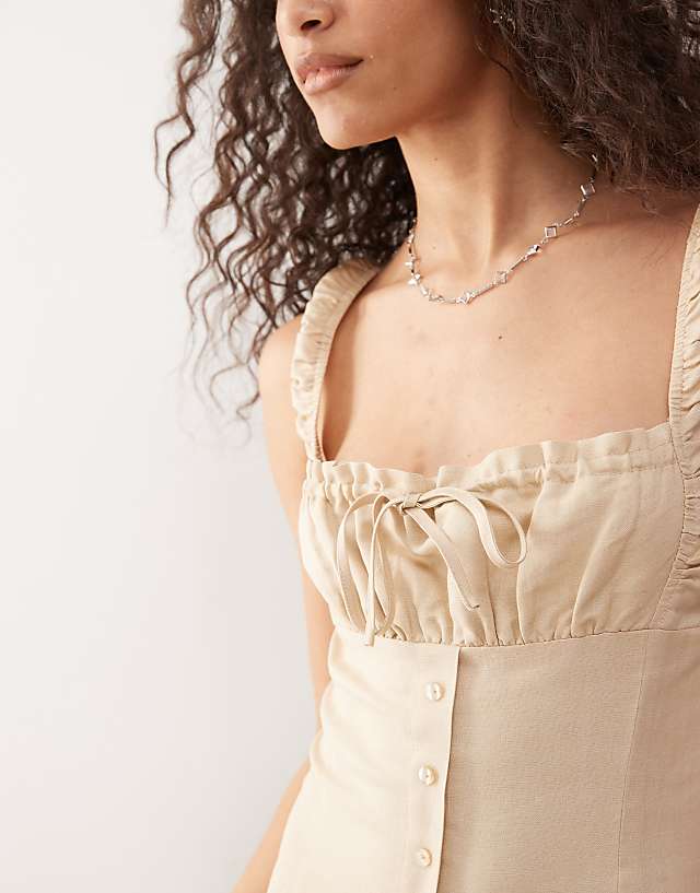 Asos Lioness Heart Shaped Linen Blend Milkmaid Button Detail Tiered Maxi Dress In Beige