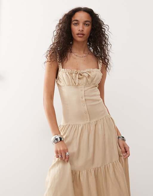 Asos Lioness Heart Shaped Linen Blend Milkmaid Button Detail Tiered Maxi Dress In Beige