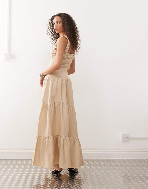Asos Lioness Heart Shaped Linen Blend Milkmaid Button Detail Tiered Maxi Dress In Beige
