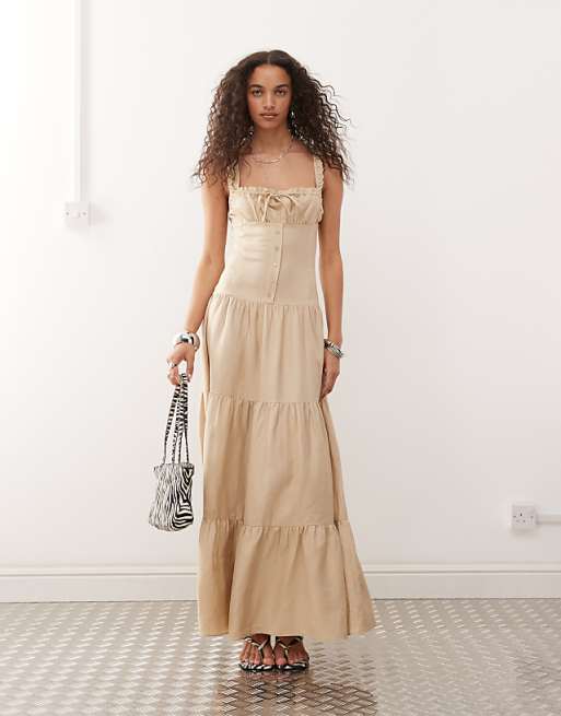 asos Lioness Heart Shaped linen blend milkmaid button detail tiered maxi dress in beige