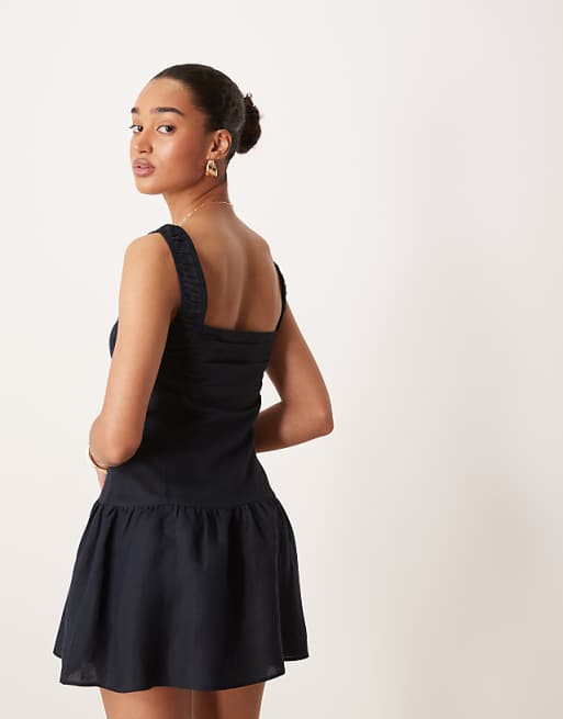 Asos Lioness Heart Shaped Linen Blend Milkmaid Tie Front Button Detail Gathered Skirt Mini Dress In Navy
