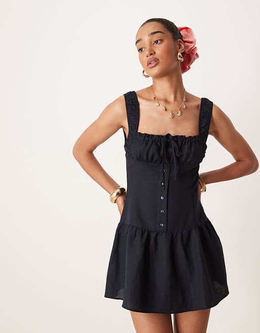 asos Lioness Heart Shaped linen blend milkmaid tie front button detail gathered skirt mini dress in navy