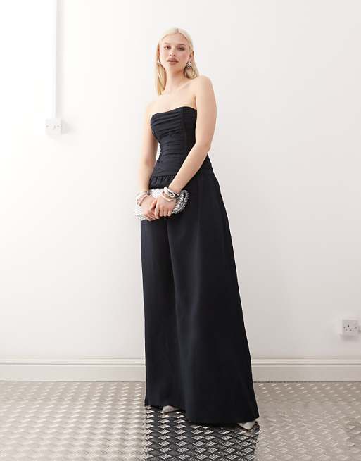 Asos Lioness Lush Linen Blend Bandeau Ruched Bodice Detail Maxi Dress In Navy