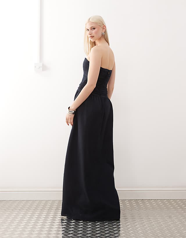 Asos Lioness Lush Linen Blend Bandeau Ruched Bodice Detail Maxi Dress In Navy