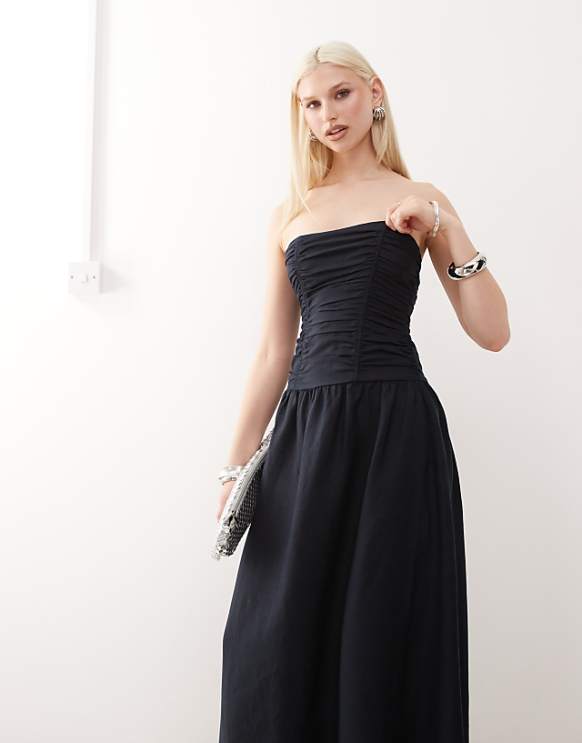 asos Lioness Lush linen blend bandeau ruched bodice detail maxi dress in navy