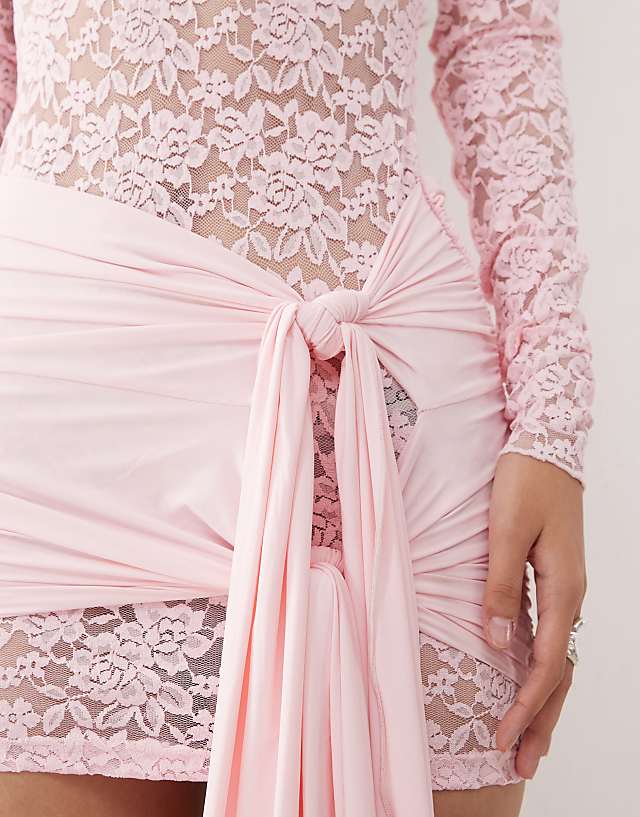 Asos Lioness Midnight Long Sleeve Drape Tie Skirt Detail Lace Mini Dress In Baby Pink