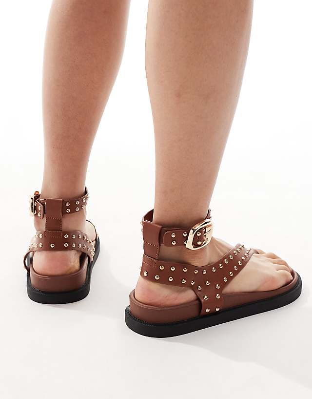 Asos London Rebel Flat Stud Toe Loop Sandals In Tan