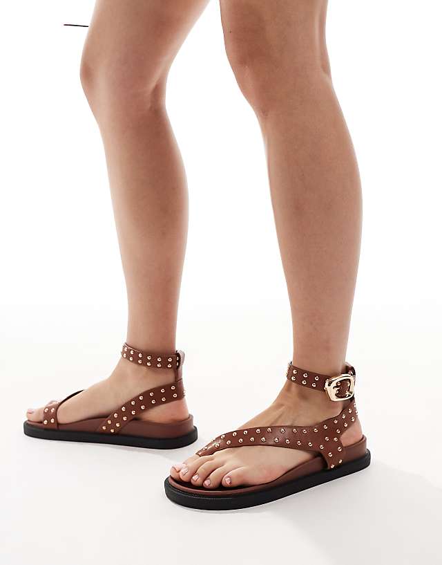 Asos London Rebel Flat Stud Toe Loop Sandals In Tan