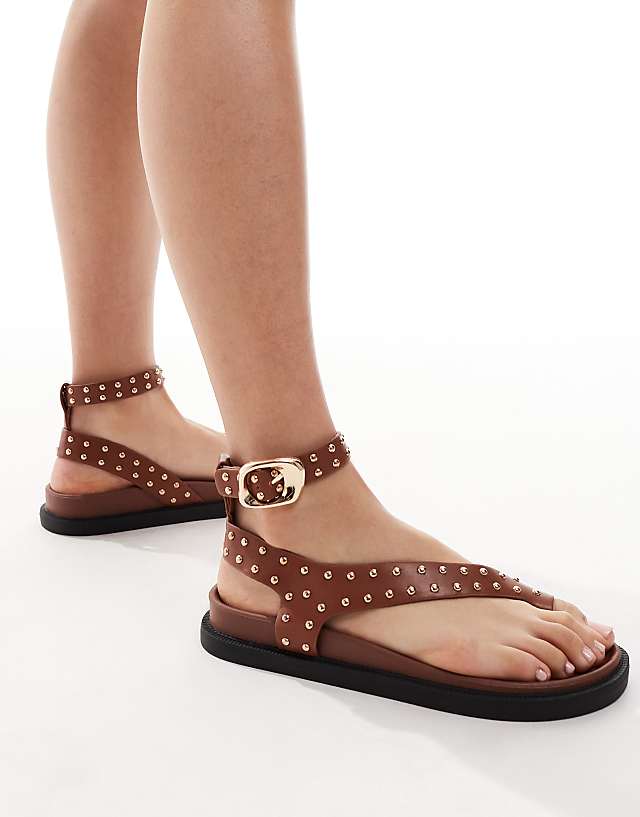 asos London Rebel flat stud toe loop sandals in tan