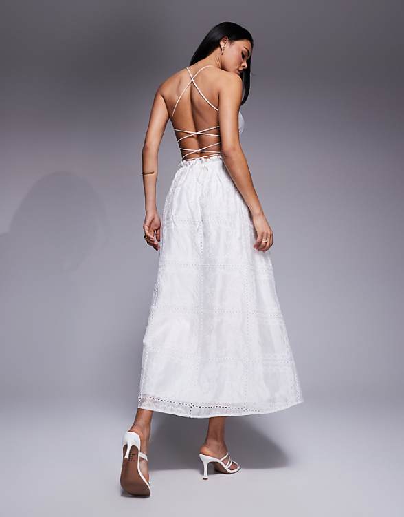 Asos Love Triangle Embroidered Midaxi Dress With Shirred Waist And Lace Up Back In White