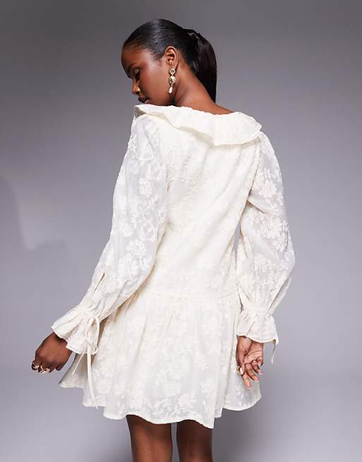 Asos Love Triangle Ruffle Detail Lace Drop Waist Mini Dress In Vintage Cream