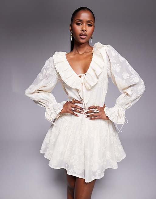 asos Love Triangle ruffle detail lace drop waist mini dress in vintage cream
