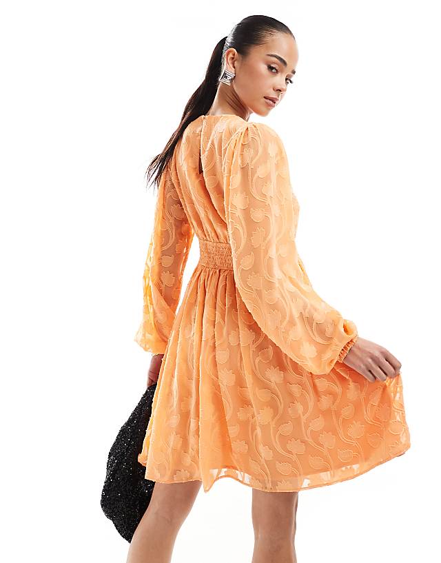 Asos Lovedrobe Long Sleeve Floral Burn Out Mini Dress In Orange