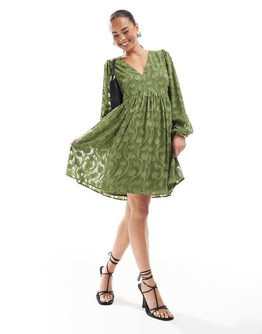 Asos Lovedrobe Long Sleeve Floral Burn Out Mini Dress In Khaki