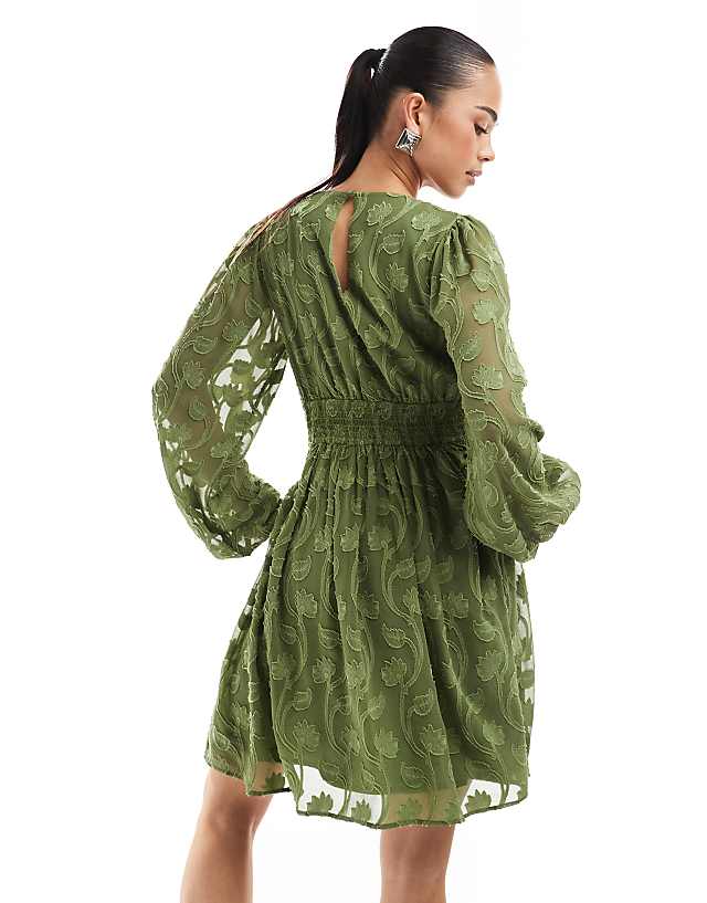 Asos Lovedrobe Long Sleeve Floral Burn Out Mini Dress In Khaki