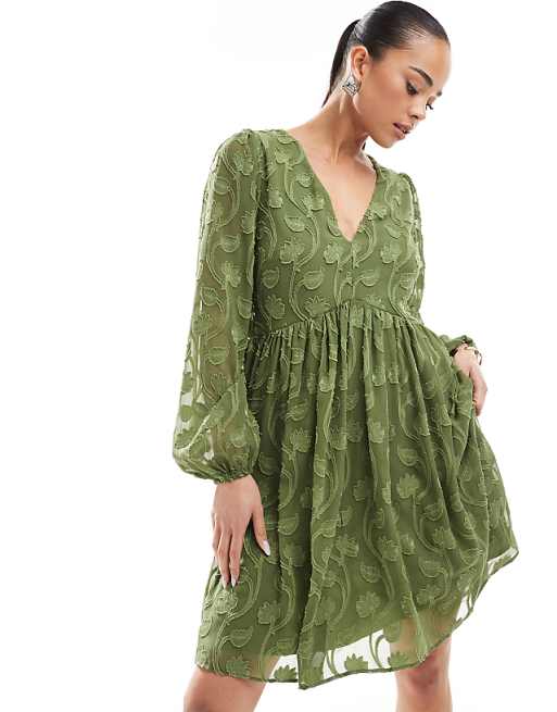 asos Lovedrobe Long sleeve floral burn out mini dress in khaki