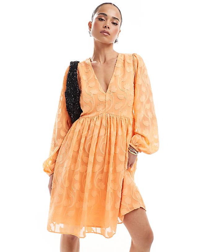 asos Lovedrobe Long sleeve floral burn out mini dress in orange