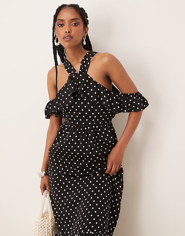 Asos Lovedrobe Polka Dot Could Shoulder Halter Neck Midaxi Dress In Black