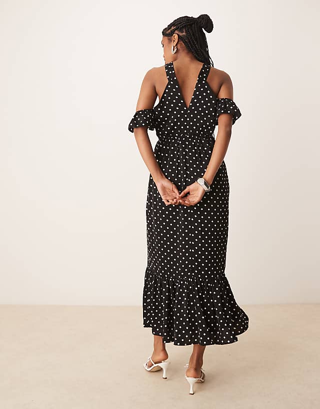 Asos Lovedrobe Polka Dot Could Shoulder Halter Neck Midaxi Dress In Black