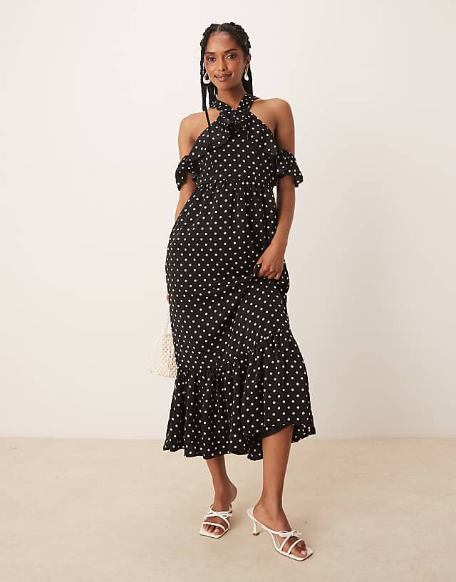 asos Lovedrobe Polka dot could shoulder halter neck midaxi dress in black
