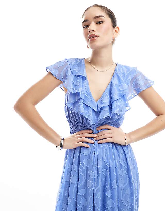 Asos Lovedrobe Ruffle V Neck Floral Burn Out Maxi Dress In Light Blue