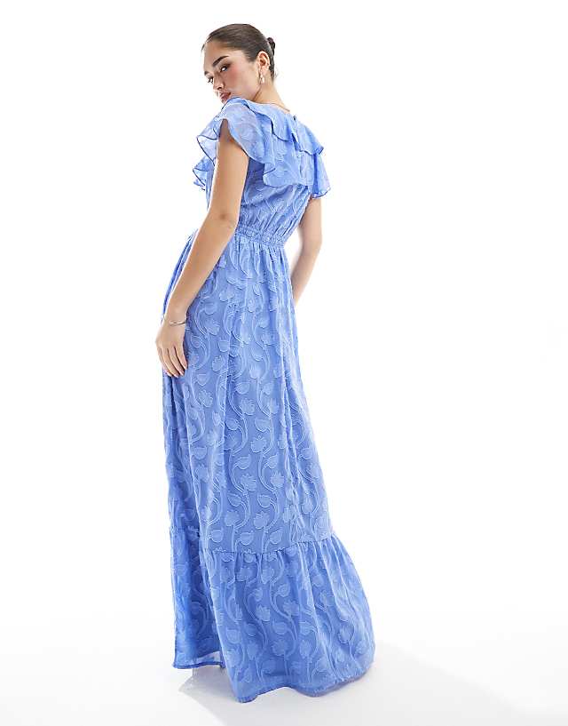 Asos Lovedrobe Ruffle V Neck Floral Burn Out Maxi Dress In Light Blue