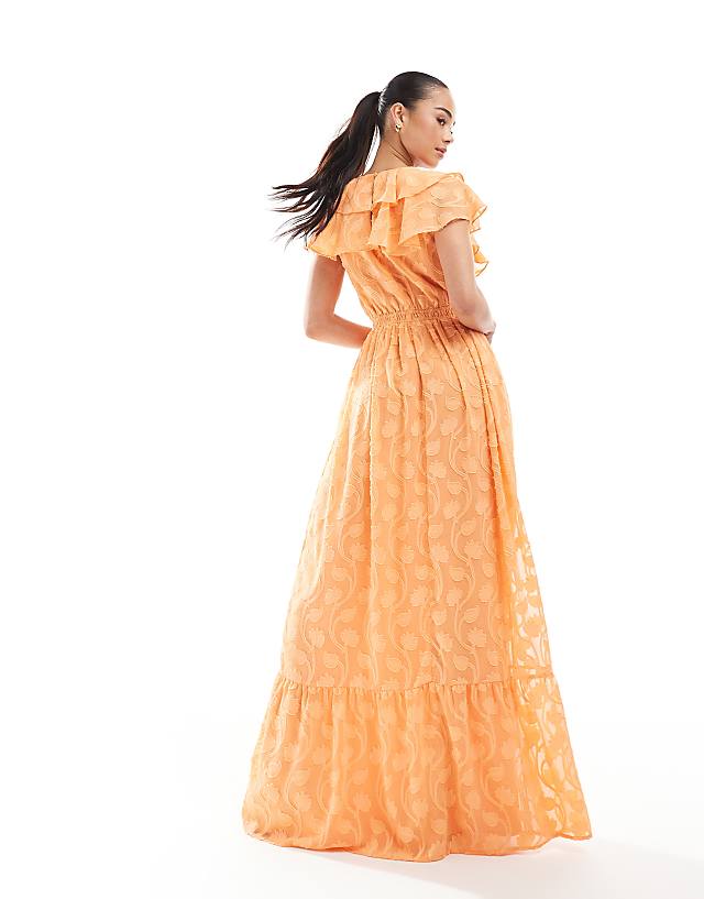 Asos Lovedrobe Ruffle V Neck Floral Burn Out Maxi Dress In Orange