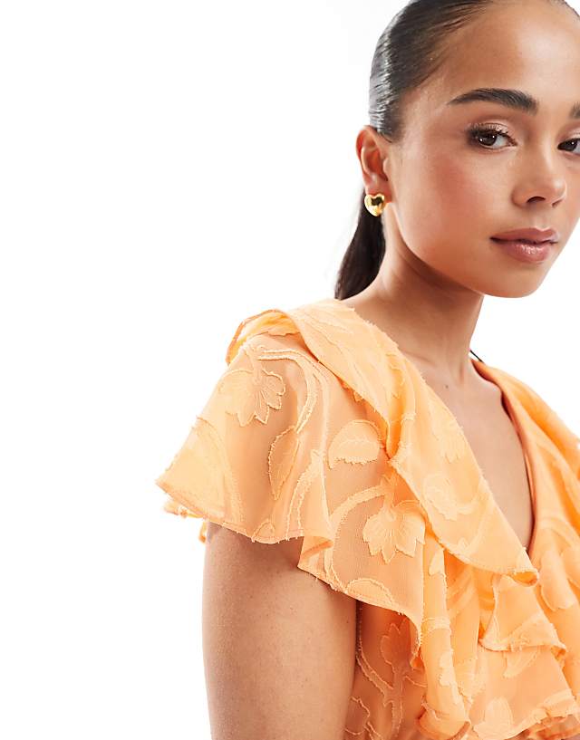 Asos Lovedrobe Ruffle V Neck Floral Burn Out Maxi Dress In Orange
