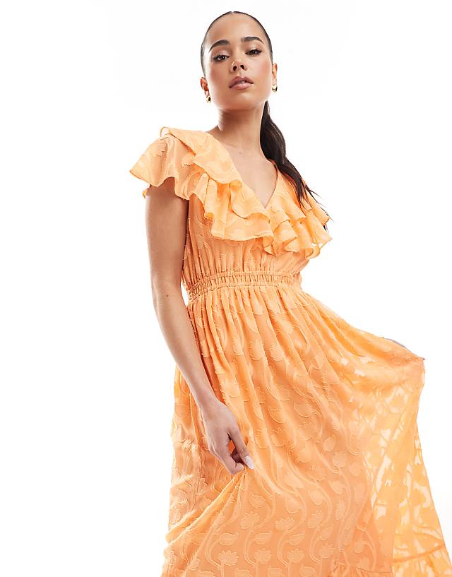 Asos Lovedrobe Ruffle V Neck Floral Burn Out Maxi Dress In Orange