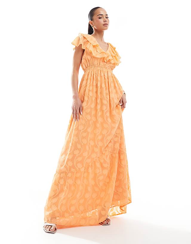 asos Lovedrobe Ruffle v neck floral burn out maxi dress in orange