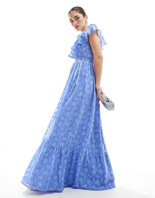 asos Lovedrobe Ruffle v neck floral burn out maxi dress in light blue