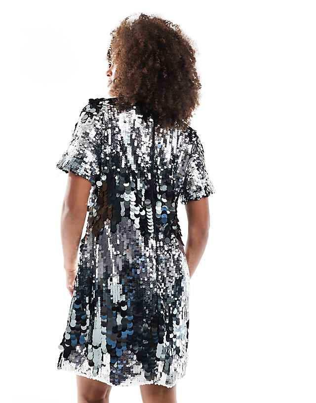 Asos Lovedrobe Sequin T-shirt Swing Mini Dress In Silver