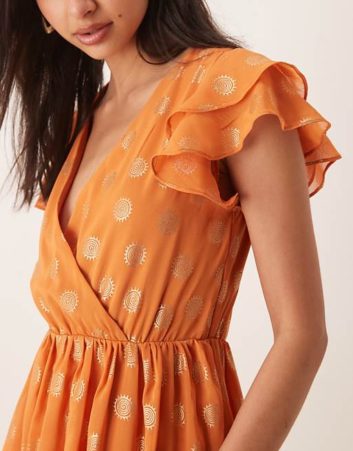 Asos Lovedrobe V Neck & Flutter Sleeve Metallic Midi Dress In Orange