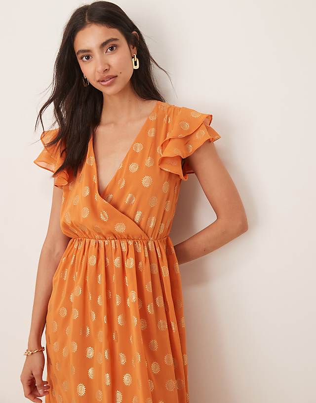 Asos Lovedrobe V Neck & Flutter Sleeve Metallic Midi Dress In Orange